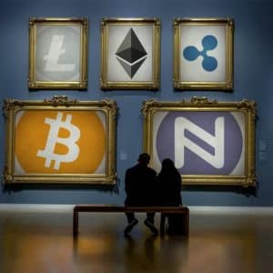 A dimly lit gallery room features a variety of framed cryptocurrency symbols on the walls, including Litecoin, Ethereum, Ripple, Bitcoin, and Nxt. Two people sit on a bench facing the artworks amidst the traditional paintings, discussing the launch's impact post-Cambridge Analytica.