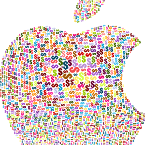 An Apple logo is creatively filled with a colorful mosaic pattern of dollar signs, symbolizing Apple profits. The background is transparent, highlighting the vibrant, multicolored dollar signs that make up the entire logo, including the leaf at the top.