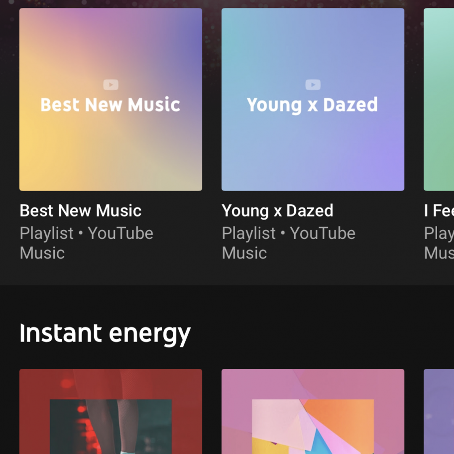 A YouTube Music app screen displays two sections: "Fresh new music" with playlists "Best New Music" and "Young x Dazed." Right below, the "Instant energy" section features playlists like "Shut Up and Dance" and "A Decade Of Shiny Pop Classics." Featured images are colorful and abstract, ideal for streaming.