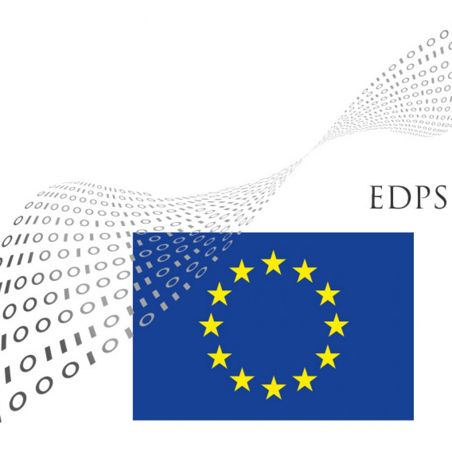 The image features the EDPS (European Data Protection Supervisor) logo. It includes a stylized representation of binary code forming an arc above the EU flag with yellow stars in a circle on a blue background, hinting at their significant keynote speech by Tim Cook on European data protection.