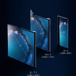 Image showcasing three configurations of a foldable smartphone: fully unfolded with an 8-inch display, partially folded with a 6.6-inch display, and fully folded with a 6.38-inch display. Screen resolutions are provided: 2480x2200, 2480x1148, and 2480x892 respectively, highlighting the marvels of foldable technology.