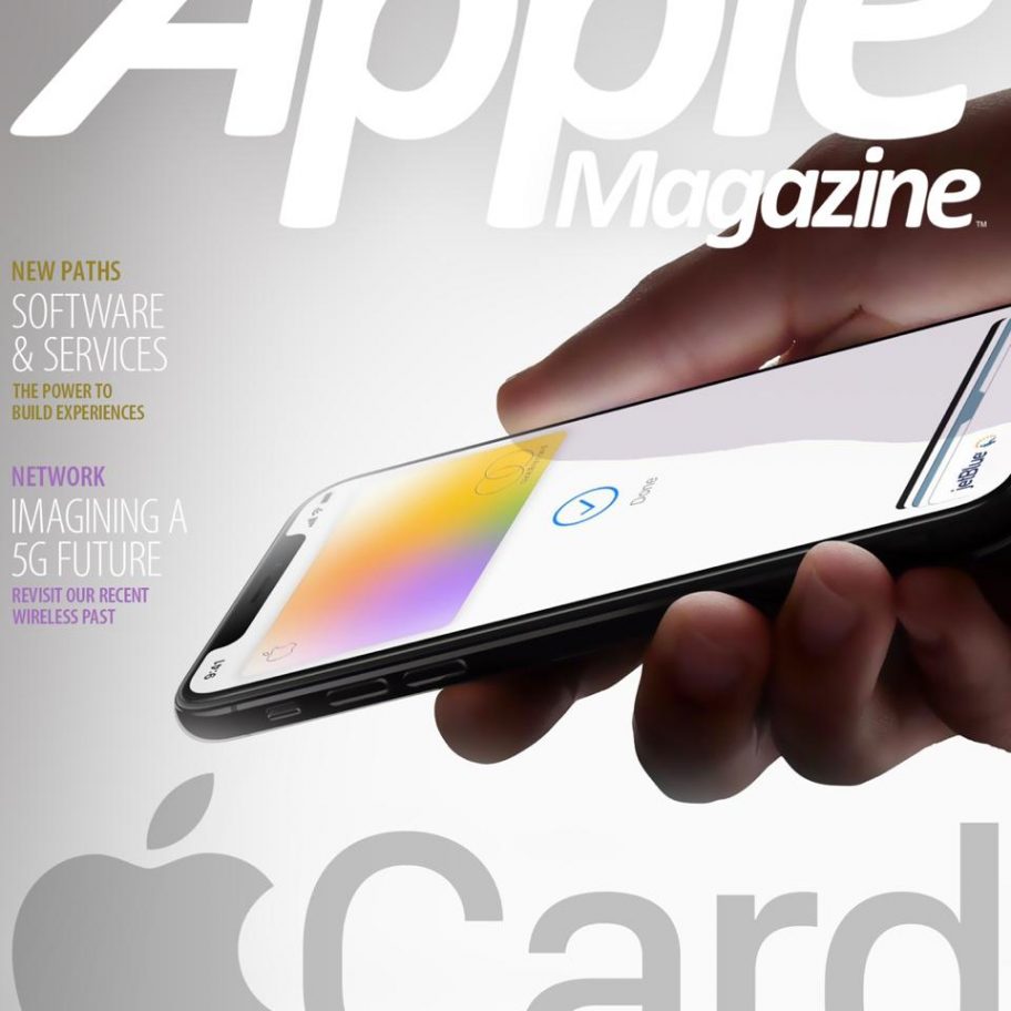 Cover of Apple Magazine Issue #388, April 5, 2019. Main feature is "Apple Card: The Future of Digital Money." Shows an iPhone with the Apple Card interface on the screen. Headlines include "New Paths: Software & Services" and "Imagining a 5G Future.
