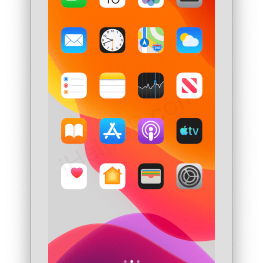 A screenshot of an iPhone home screen displays various app icons, including Messages, Calendar, Photos, Camera, Clock, Maps, Weather, and more. The wallpaper is a gradient of orange, red, and purple. This configuration mirrors the sleek design announced at the iPhone event on September 10 for iOS 13.