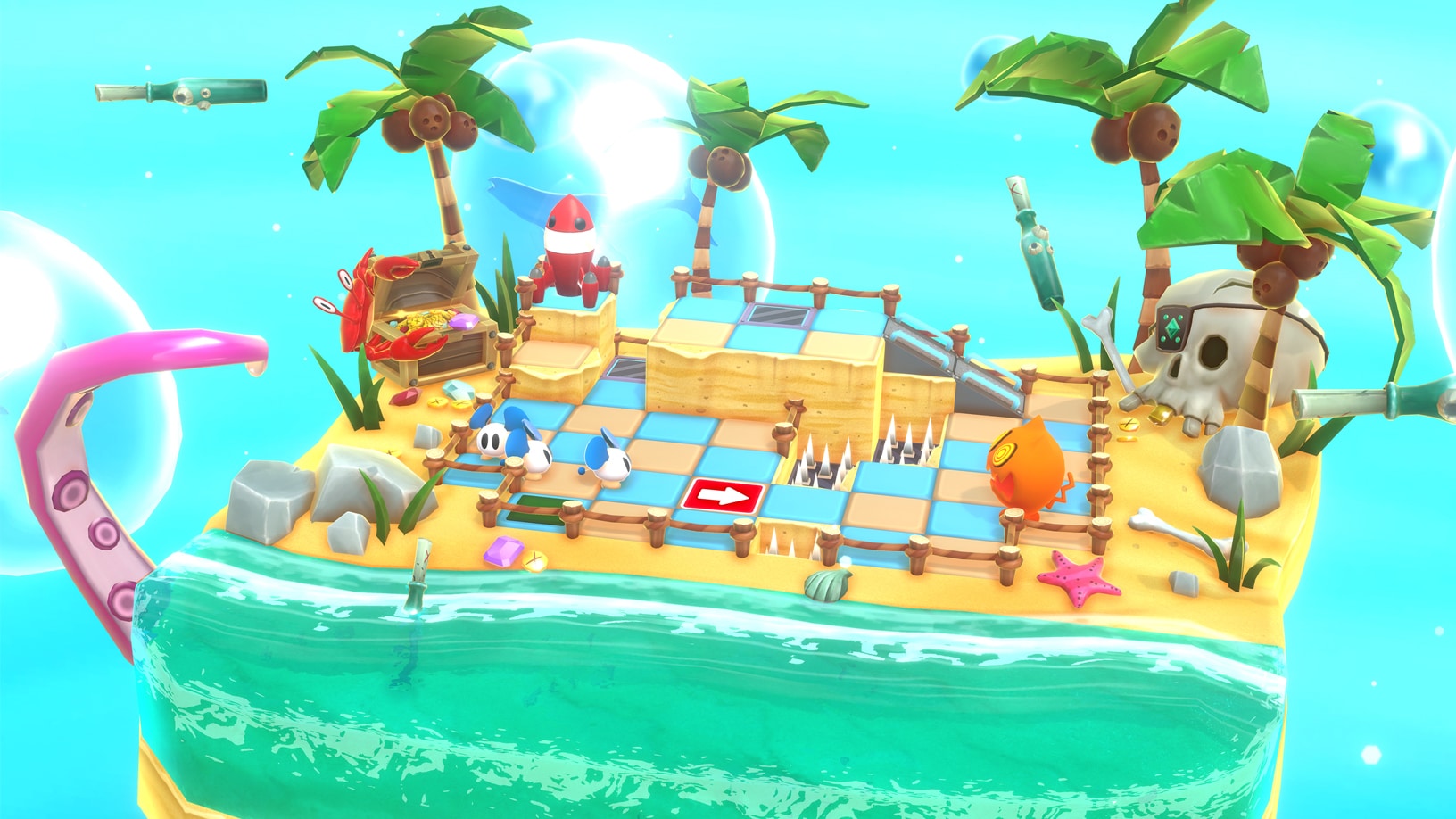 A colorful, tropical island-themed board game scene with a sandy pathway, surrounded by water. Decorative elements include palm trees, seashells, starfish, a treasure chest, a rocket, and a tiki hut. The board has checkered tiles with an arrow pointing forward. Perfect for fans of new games on Apple Arcade.