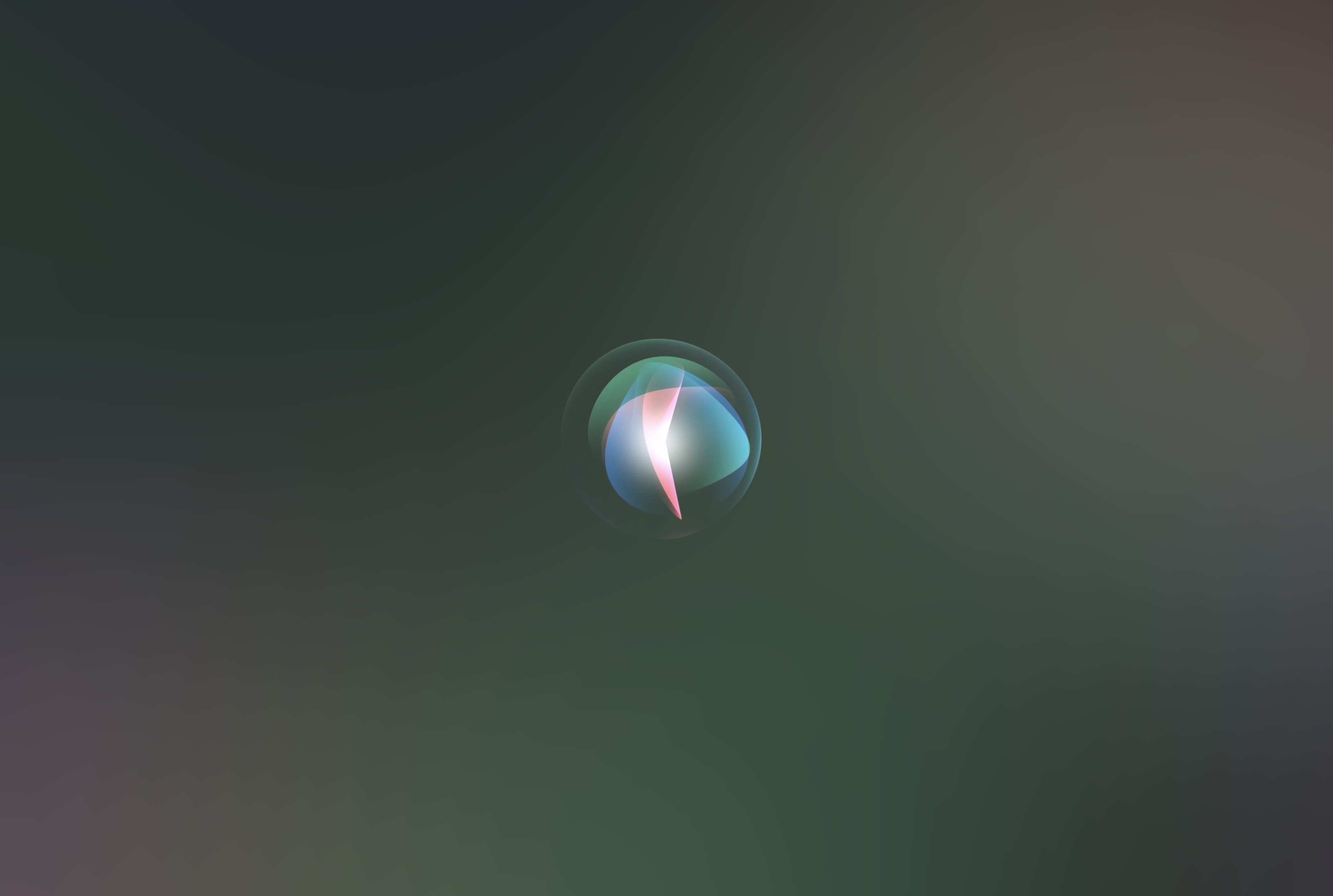 A circular, illuminated Siri icon floats against a dark, gradient background. The icon features swirling colors of blue, pink, and white, symbolizing the Apple Siri virtual assistant, reminiscent of modern communication apps like WhatsApp and Skype.