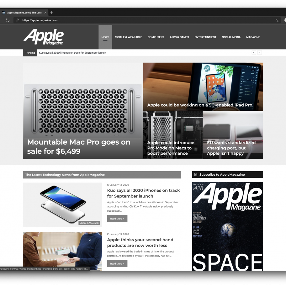 A screenshot of the homepage of "Apple Magazine" website displaying various articles viewed on an updated browser. The top article is about the Mountable Mac Pro priced at $6,499. Other headlines discuss possible iPhone releases, a Scaled iPad Pro, and introduces the Apple Book. The banner shows the “Apple Magazine” title.