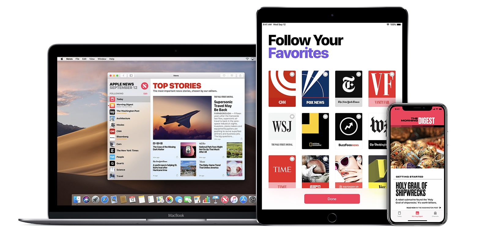 A MacBook, iPad, and iPhone display Apple News. The MacBook shows a "Top Stories" section, the iPad highlights a "Follow Your Favorites" feature with various news sources, and the iPhone presents an article titled "Holy Grail of Shipwrecks," showcasing the seamless integration across Apple's iOS devices.