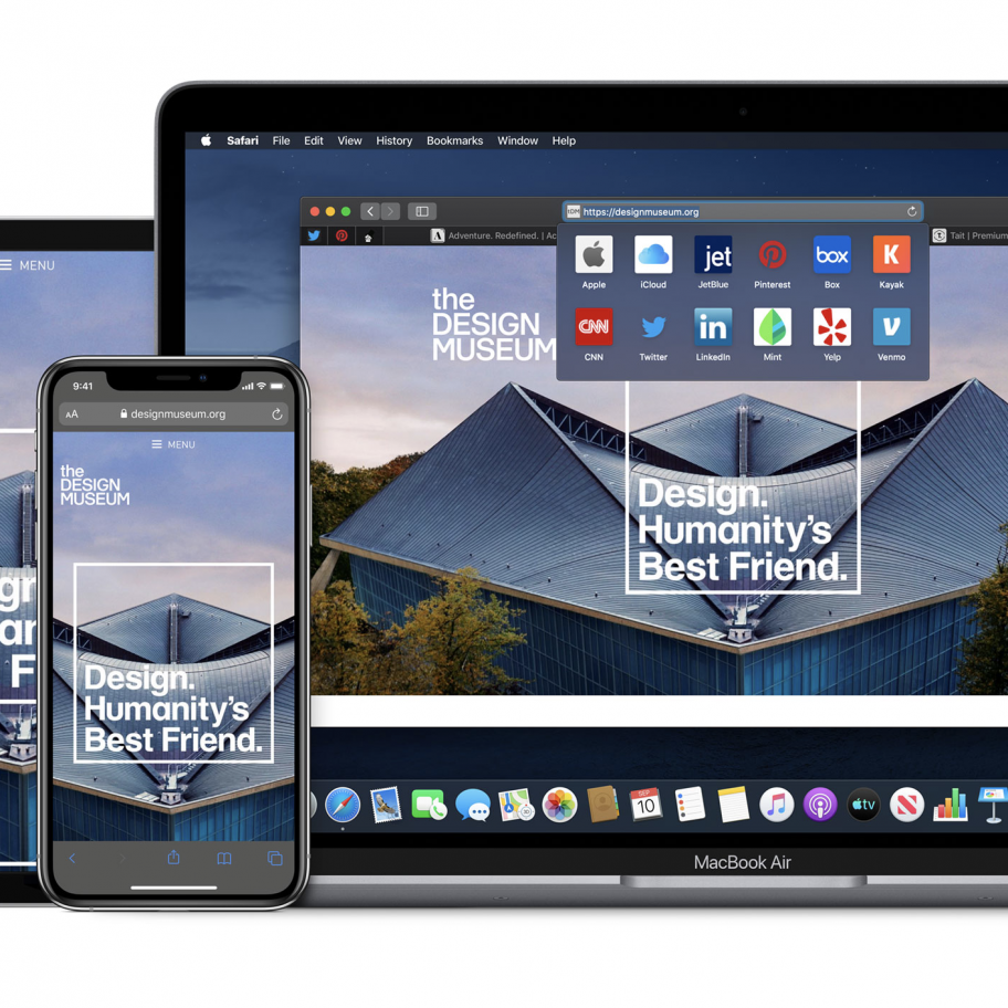 Image showing a tablet, smartphone, and laptop—all Apple devices—displaying the Design Museum's website on Safari. The screens feature an image of the museum with the text "Design. Humanity's Best Friend." displayed prominently on each device.