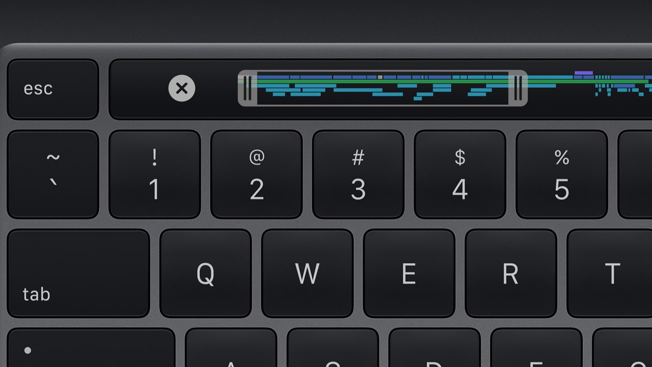 Close-up of a black computer keyboard on a 13-inch MacBook Pro, with the top row of keys including esc, numbers 1 to 4, and QWERT keys visible. Above the keyboard is a touch bar displaying a music editing interface.
