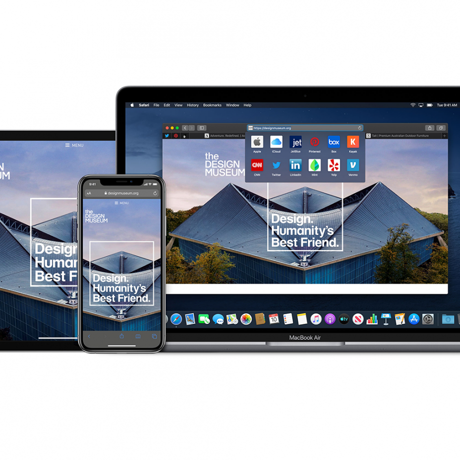 A display of three Apple devices: an iPad with Apple Pencil support, an iPhone, and a MacBook. All screens show the same image of a building with the text "The Design Museum" and "Design: Humanity's Best Friend." The image features a modern architectural design.