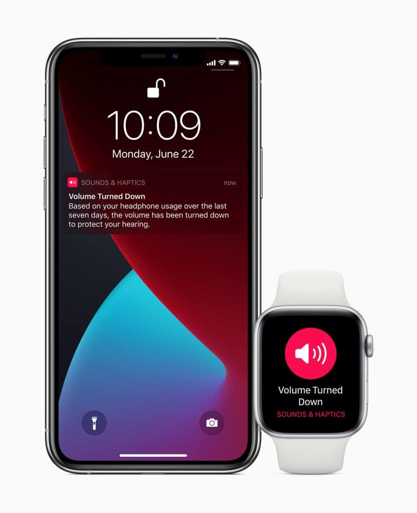 Image of an iPhone and an Apple Watch displaying a notification about sound volume. The iPhone screen shows notifications and the time, while the Apple Watch screen displays a volume alert icon. Both devices are highlighting hearing protection features in watchOS 7.