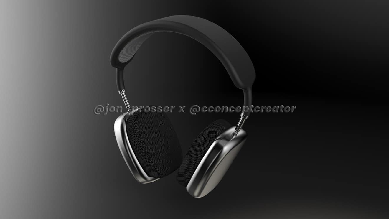 A pair of silver and black over-ear headphones, reminiscent of the new AirPods Studio, with a black headband and cushioned ear pads, displayed against a dark background. The text "@jon_prosser x @conceptcreator" is faintly visible across the middle of the image.