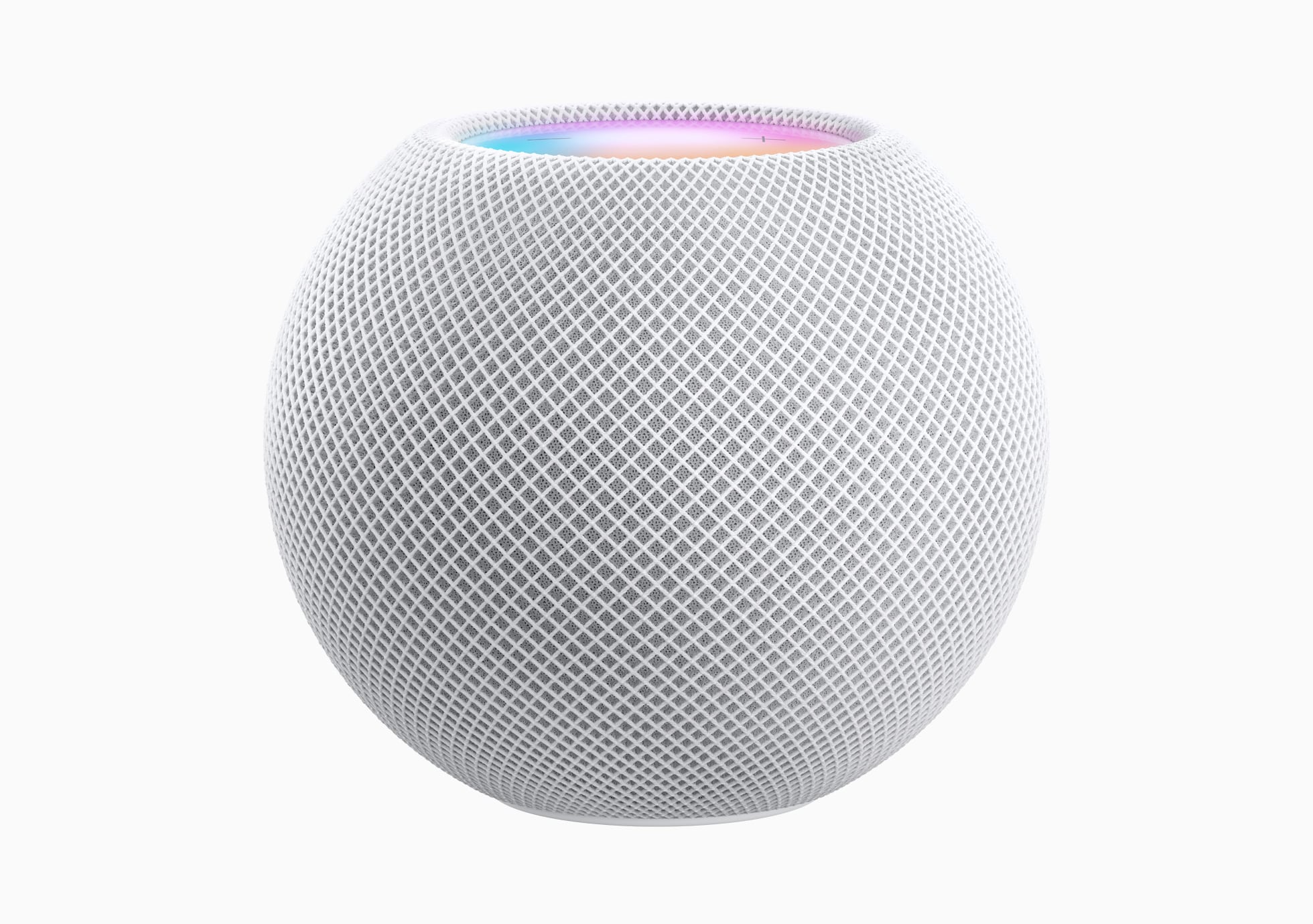 A white, spherical smart speaker with a mesh exterior, glowing with multiple colors on the top. The texture is detailed and the design is sleek and modern.