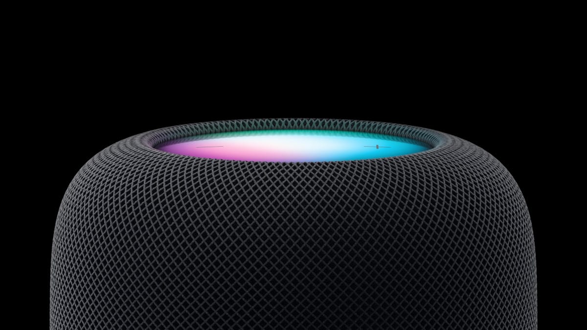 Apple HomePad 2025 7-inch smart display showing homeOS interface on a kitchen counter