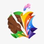 A stylized illustration of a hand holding a white pen, drawing vibrant, swirling colors that form the shape of the Apple logo. The colors transition smoothly from green, yellow, orange, pink, and blue, creating a dynamic and creative visual perfect for announcing an Apple event on May 7.