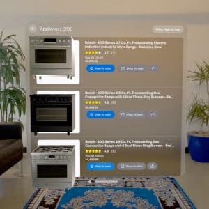 A digital screen displays a list of kitchen appliances, showcasing three different Bosch Series freestanding ranges with ratings and prices. Using augmented reality, the interface offers options to filter results and view items in more detail. The background shows an office space with plants and a blue rug.