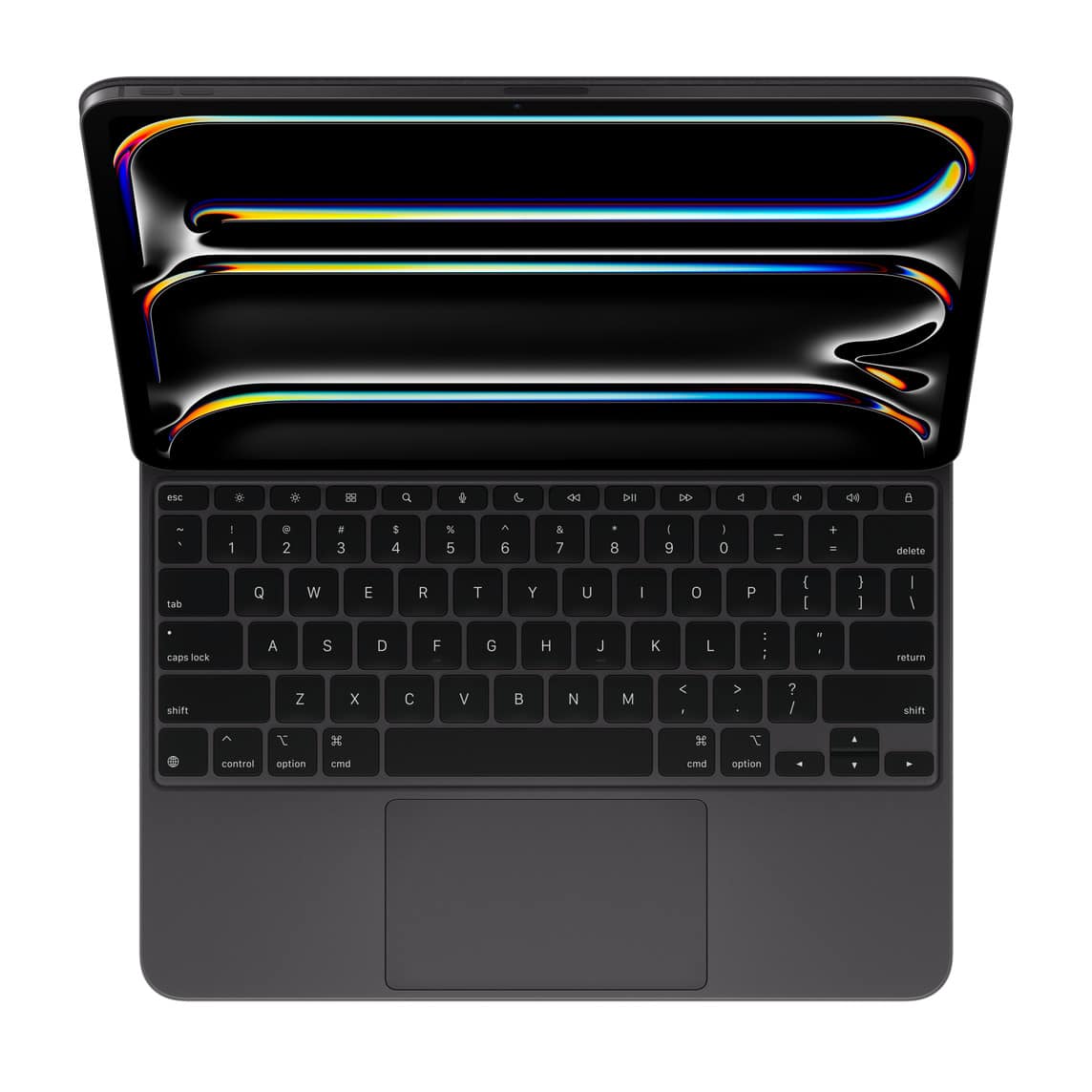 A sleek, open Mac laptop with a black keyboard and trackpad. The screen displays a vibrant, abstract design with flowing, multicolored lines on a dark background. The keys are backlit and the laptop has a minimalist, modern look that seamlessly fits into Apple's ecosystem.