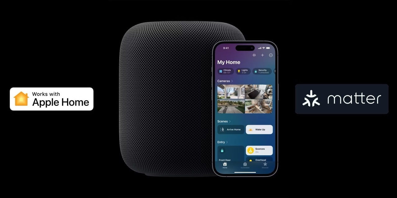 HomePod Mini in Midnight Blue sits on a sleek table next to a computer monitor with Nanoleaf monitor lights glowing, highlighting HomePod Mini 2 rumors and smart home upgrades for 2025.