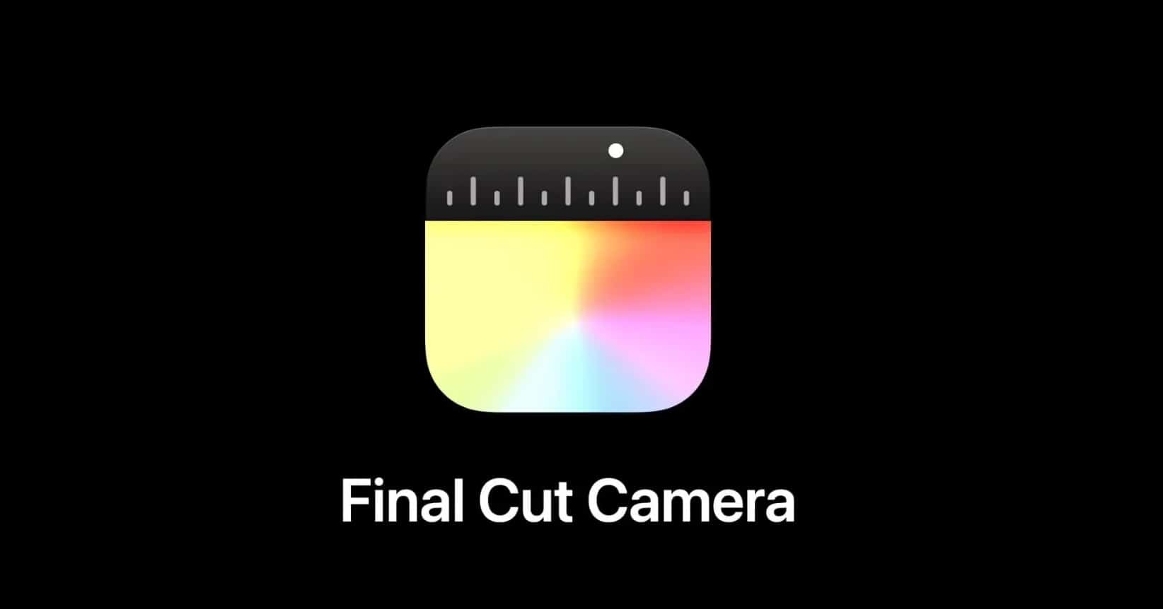 A colorful gradient icon resembling a camera lens aperture with a black top displaying white measuring marks and a small white circle in the center. Below the icon, the text "Final Cut Camera" is written in white, highlighting its integration with iPad's Final Cut Pro multicam feature.