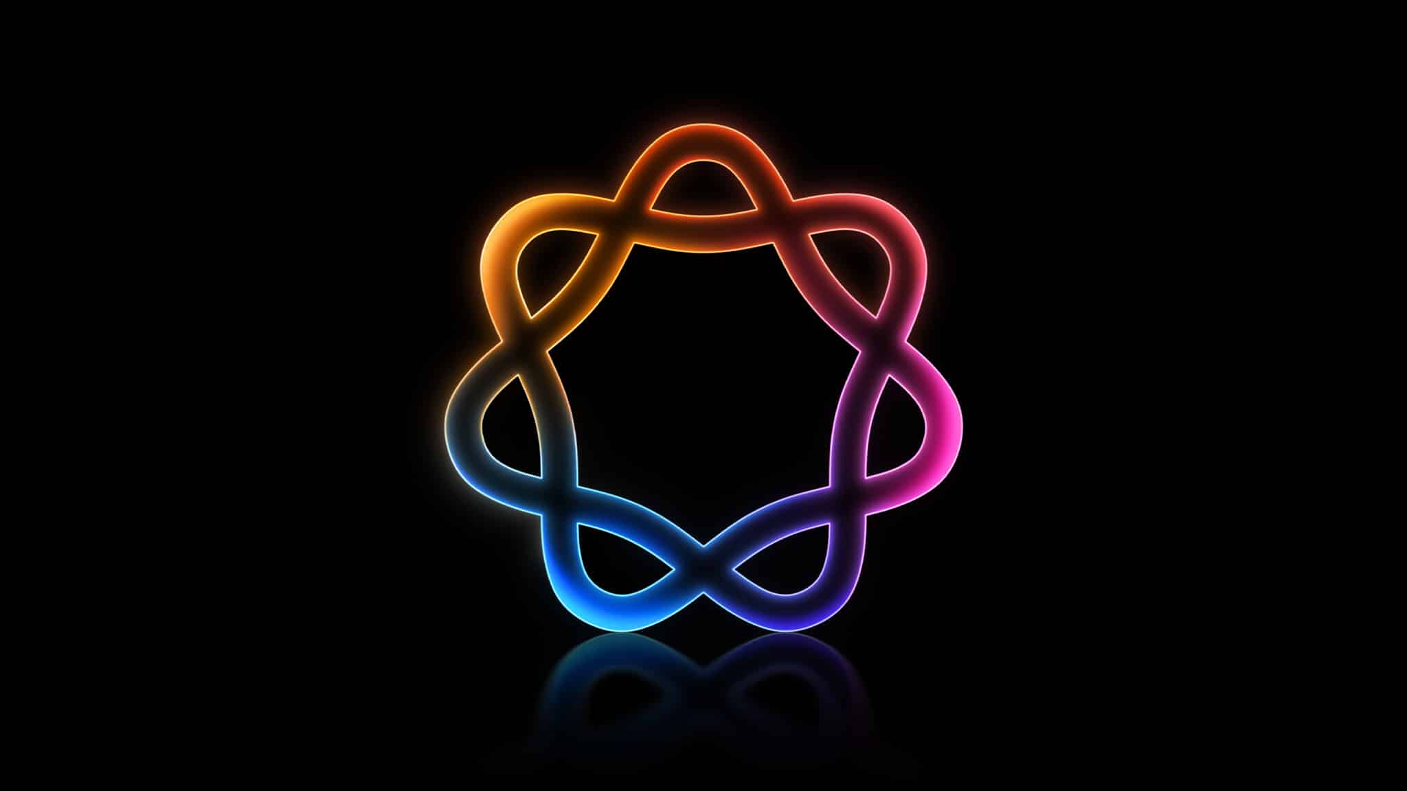 A vibrant, multicolored abstract shape resembling an atom sits against a black background. The smoothly interconnected loops gradient through hues of red, orange, yellow, green, blue, and purple, creating a visually striking and dynamic design reminiscent of innovation emerging from an Apple Developer Academy.