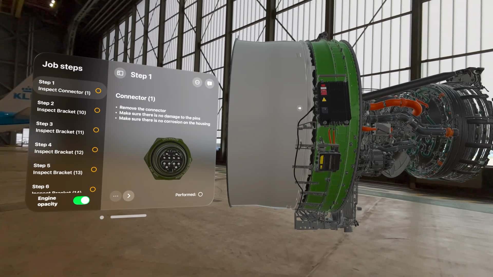 A virtual reality interface displays job steps for engine maintenance inside a hangar, transforming the process. Step 1 shows a diagram of a connector and instructions to inspect it. A partially disassembled engine with exposed wiring and components is visible in the background.