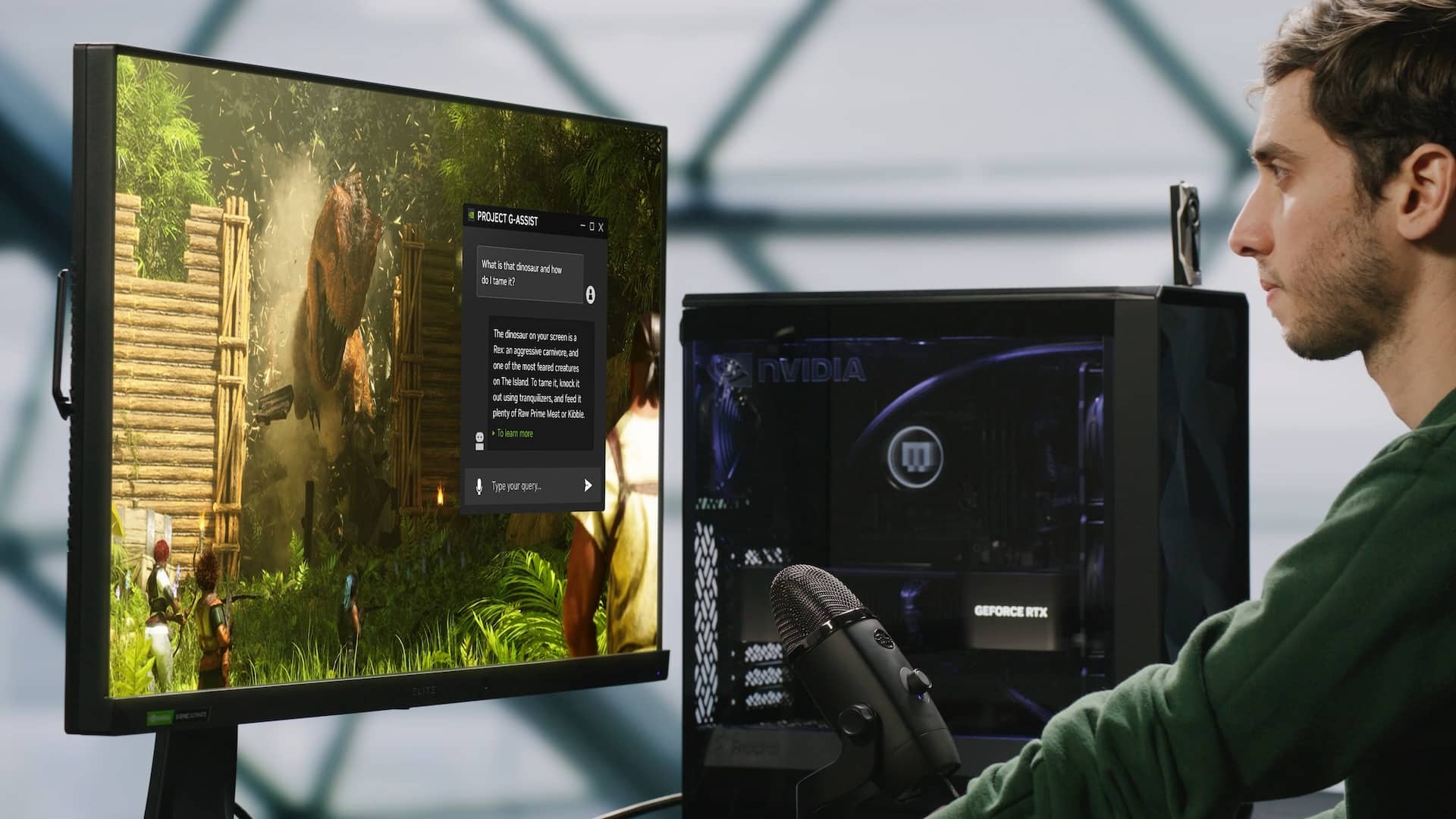 A man is seated at a desk, gaming on a desktop computer powered by Nvidia. The game on the screen portrays a lush jungle scene with a large creature and dialogue options. A microphone is positioned next to the man, indicating a live stream or recording setup, perhaps celebrating Apple’s $3 trillion milestone.