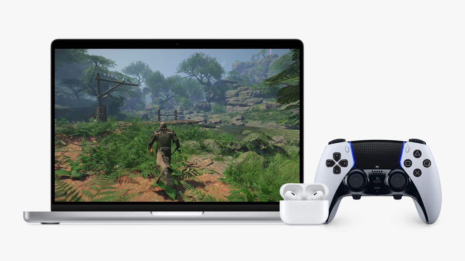 A laptop displaying a thrilling third-person adventure video game scene features a character in a lush jungle environment. In the foreground, a white game controller, an iPhone showing gaming stats, and a pair of wireless earbuds with an open charging case are placed next to the laptop.