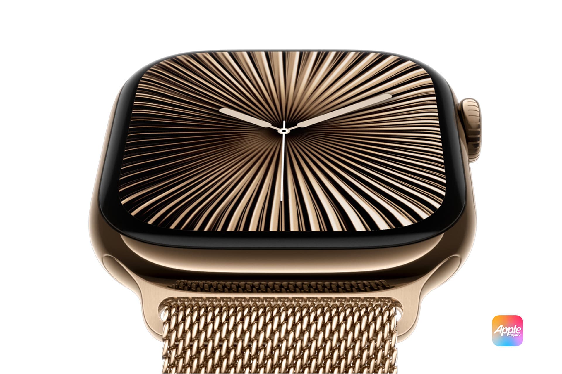 Apple Watch Series 10: A close-up of an Apple Watch Series 10 with a gold stainless steel case and a matching gold mesh band. The watch face displays an intricate, radial, golden pattern with white hour and minute hands. The AppleMagazine logo is visible in the bottom right corner.
