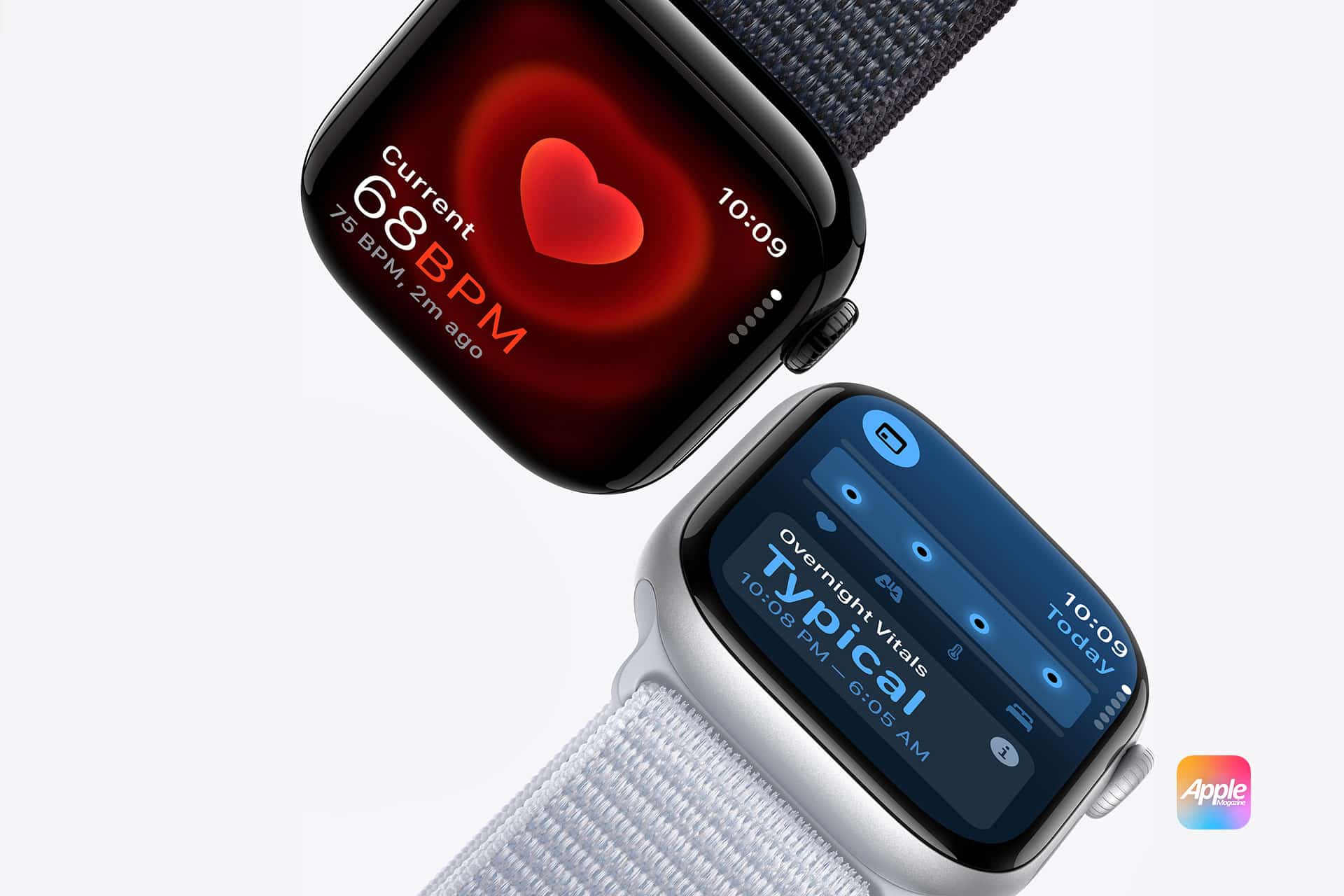 A promotional image showcasing two Apple Watches. The left watch displays a heart rate app with a heart icon and a reading of 68 BPM. The right watch shows sleep tracking data with the word "Typical" highlighted. Both watches feature dark and light bands respectively.