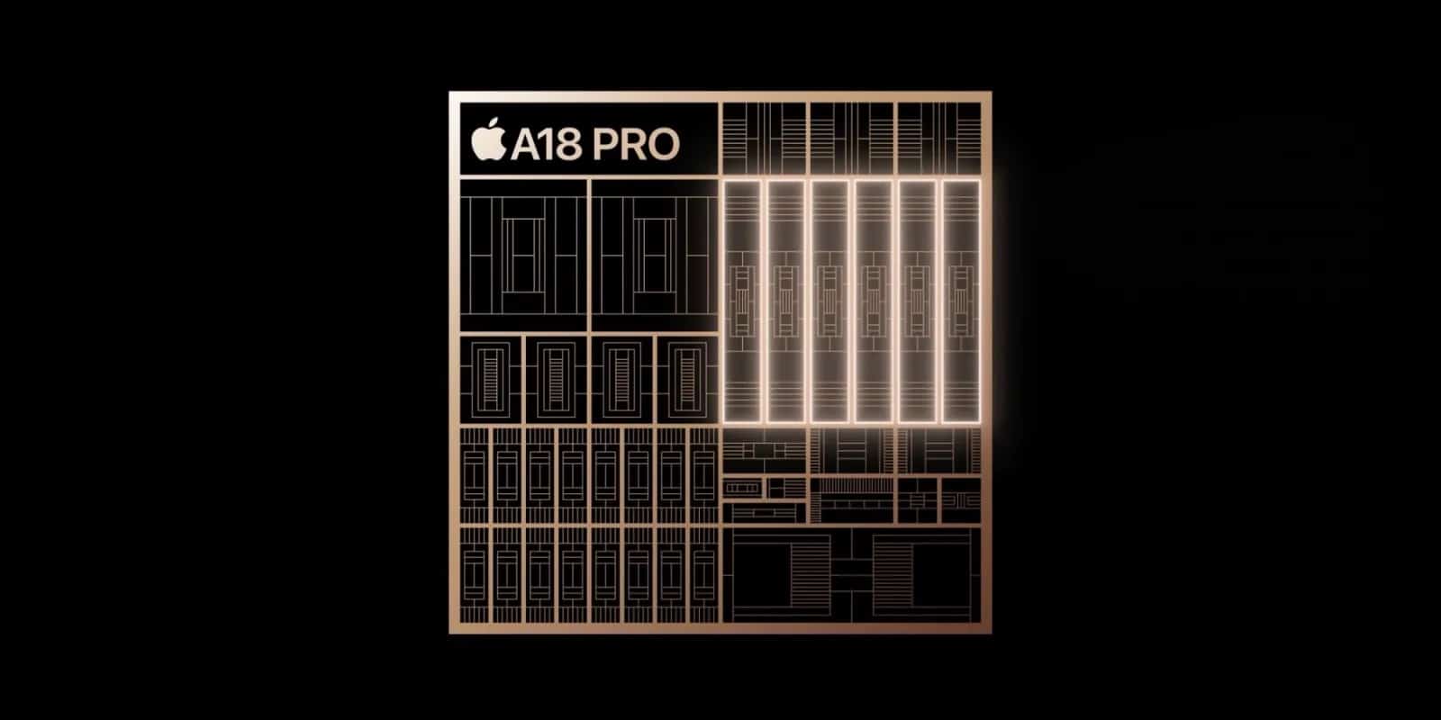 A18 Pro Chip Benchmarks | A detailed illustration of the Apple A18 Pro Chip, showcasing intricate circuitry and components on a dark background. The design is accentuated by a golden outline, with the Apple logo and "A18 PRO" prominently displayed in the top left corner.