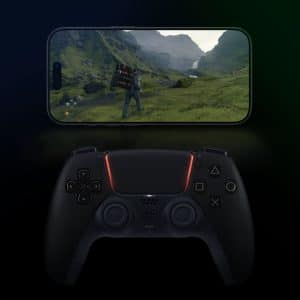 A mobile phone on top displays a video game featuring a character in a mountainous, green landscape. Below the phone is a black PlayStation controller with highlighted buttons, and an Apple logo is visible in the bottom right corner, showcasing next-gen gaming on your iPhone.