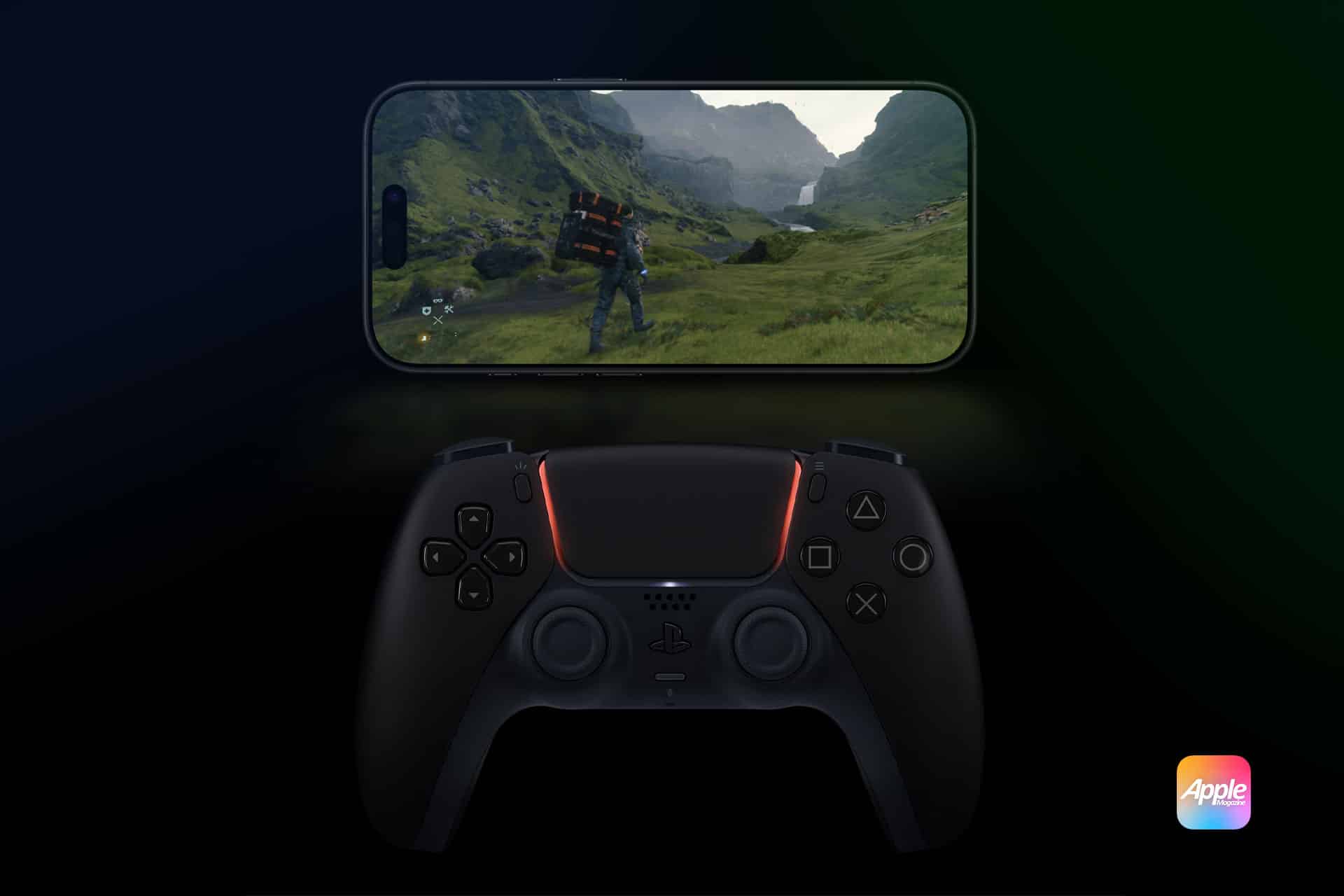 A mobile phone on top displays a video game featuring a character in a mountainous, green landscape. Below the phone is a black PlayStation controller with highlighted buttons, and an Apple logo is visible in the bottom right corner, showcasing next-gen gaming on your iPhone.