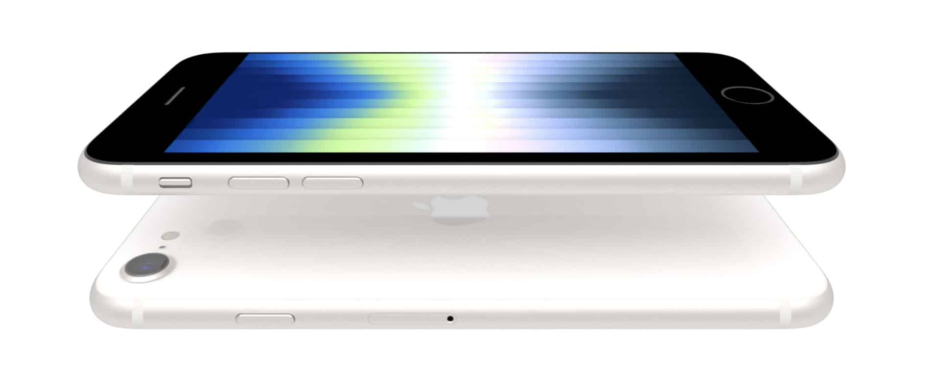 Two views of an iPhone SE (3rd generation) are shown: the front view displaying a colorful, gradient OLED display and the back view showing the white casing with a single camera and Apple logo. The phone is slim and sleek in design.