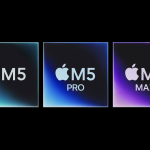 The image showcases three Apple chip designs: "M5," "M5 Pro," and "M5 Max," all set against eye-catching gradient backgrounds. Each design prominently features the Apple logo, with a smaller logo nestled in the bottom right corner on a vibrant background. Highlights include the advanced M5 Pro chip.