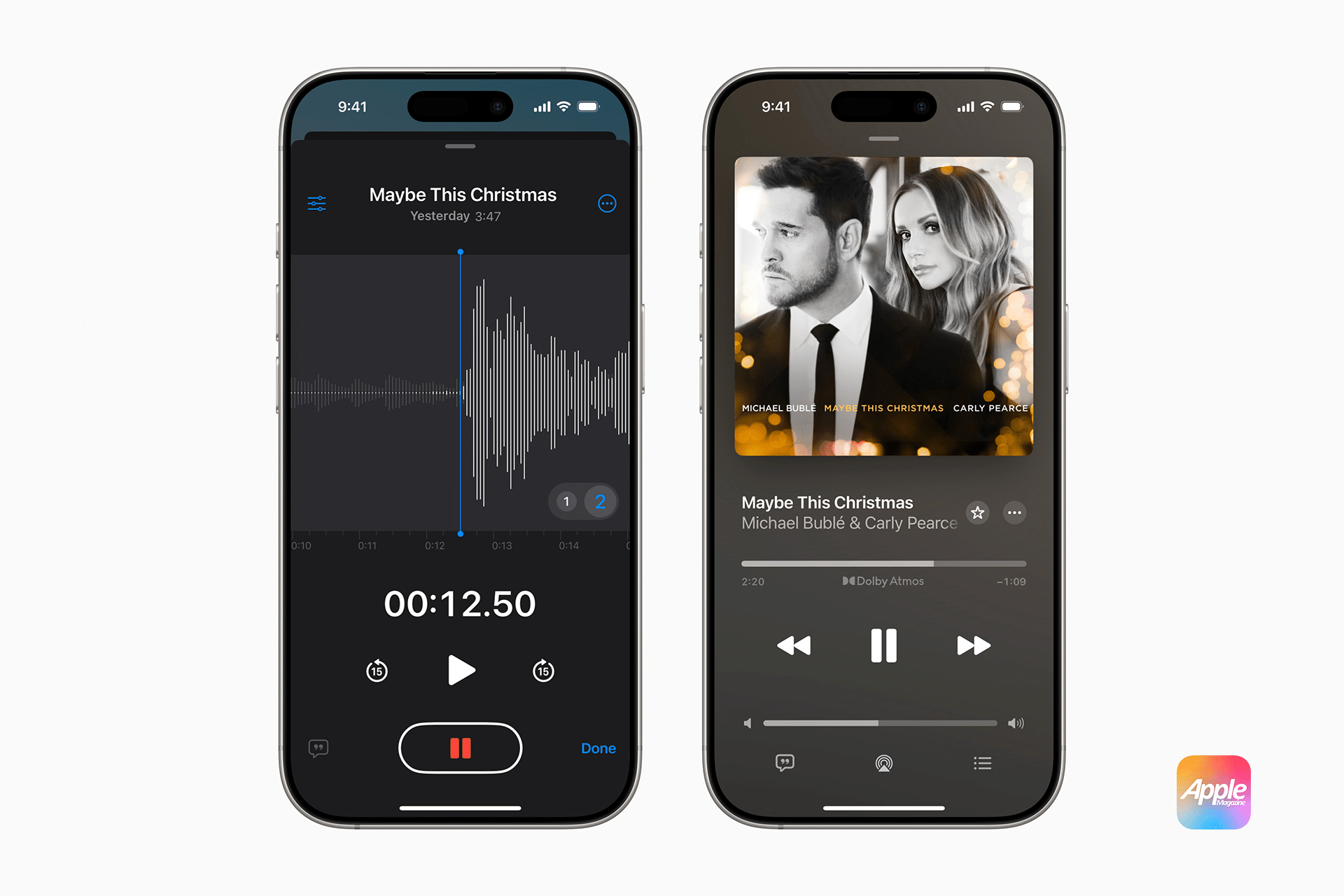 Two smartphones display different screens. The left phone shows an audio recording interface with a waveform and timer at 12:50, while the right features a music player with an album cover and song details. An iconic Apple logo sits elegantly at the bottom right corner.