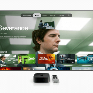 Apple TV app interface on iPhone, showcasing updated Home screen with streamlined navigation and Apple TV+ content.