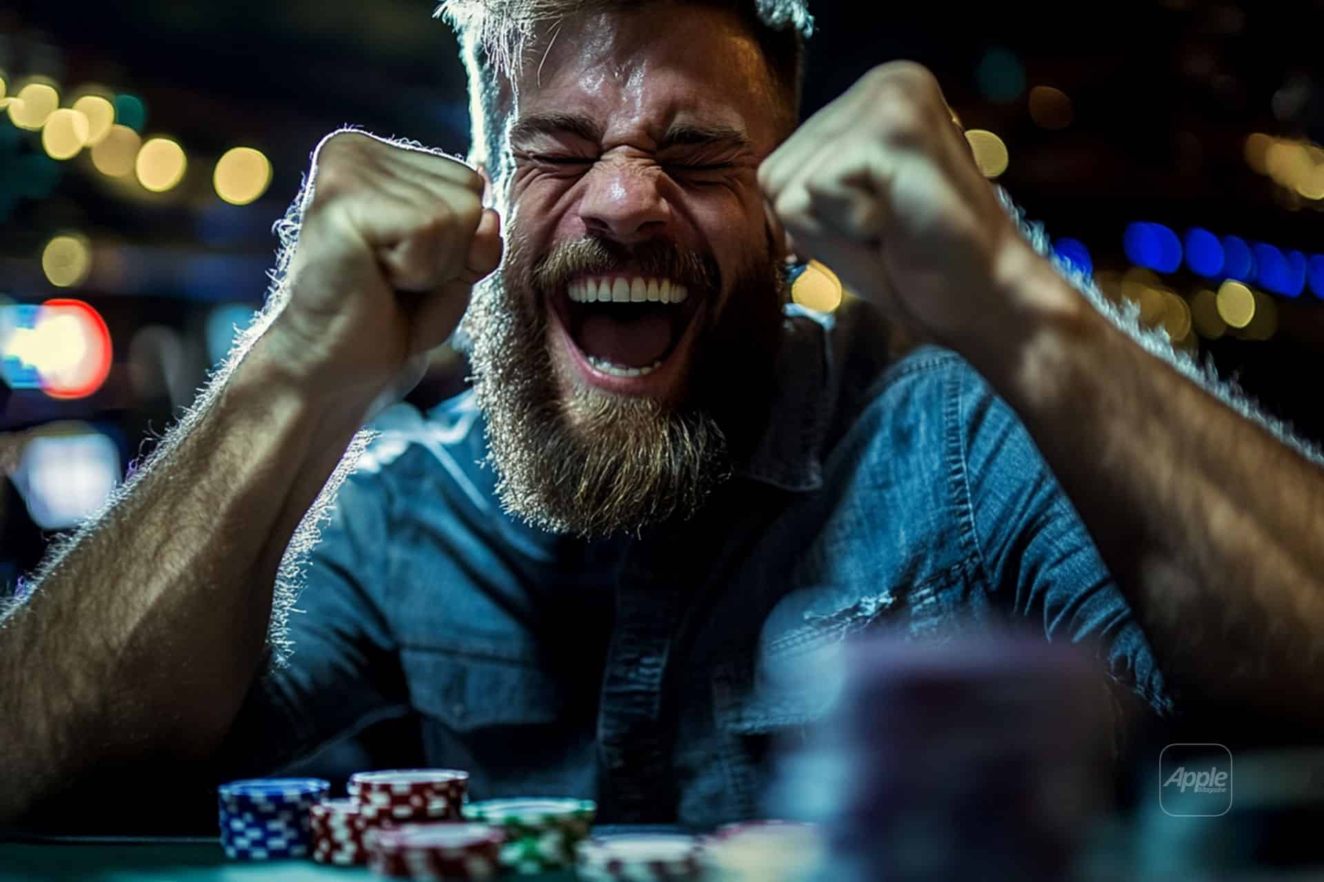 A bearded man in a denim shirt cheers enthusiastically with clenched fists at a poker table. Colorful poker chips are stacked in front of him. The background is blurred with warm, ambient lighting.