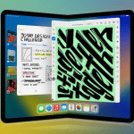 A conceptual render of touchscreen Macs and folding iPads, showcasing a foldable iPad unfolding into a larger display and a MacBook with a touch-enabled screen, set against a sleek, modern workspace, highlighting Apple’s innovative design for 2030.