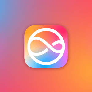 A white infinity symbol inside a circle is centered on a square app icon with rounded corners. Designed with Apple Intelligence, the background features a gradient of pink, orange, and blue hues, creating a vibrant and colorful effect.