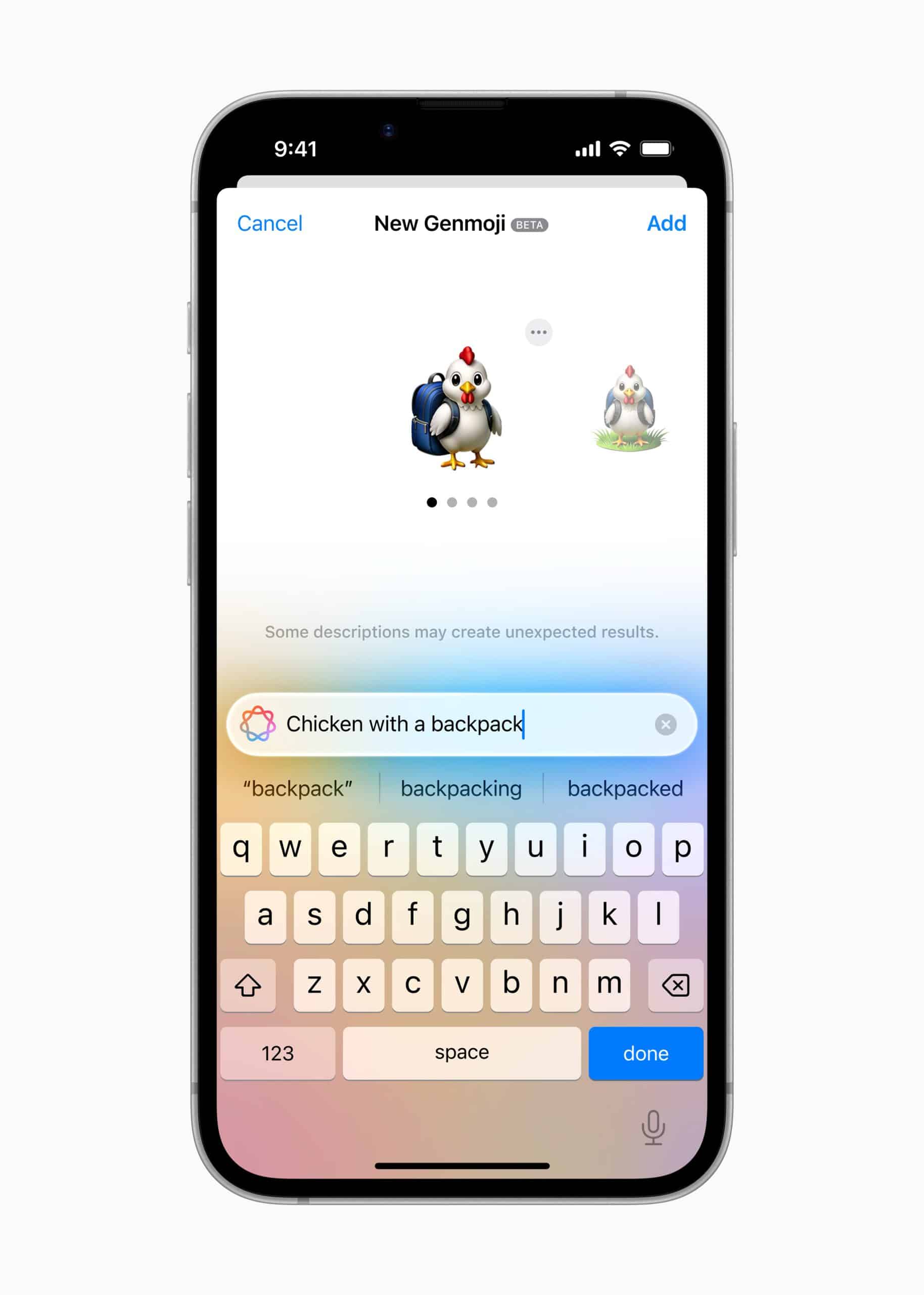 A smartphone screen shows a new emoji creation interface. An emoji of a chicken with a backpack is selected, and the text input field below reads "Chicken with a backpack." The keyboard is visible at the bottom.