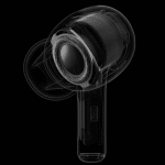 A transparent digital model of the AirPods Pro 2 is displayed, showcasing the internal components and design. Set against a solid black background, it highlights its intricate mechanical details and new hearing aid feature.