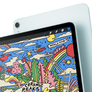 An iPad Air 2025 displays a stylized drawing with rainbows, clouds, plants, and a red sun. The vibrant illustration features "Ceramic Peaks" and "World Tour." The tablet is showcased from the front angle, slightly overlapping its sleek back.