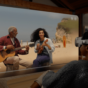Apple Vision Pro displaying the visionOS 2.4 update interface, featuring Apple Intelligence Writing Tools and the new Spatial Gallery app, released March 31, 2025.