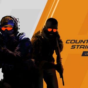 Two armed soldiers in tactical gear with glowing orange visors stand against a gray and orange background. Text reads “Counter-Strike 2 Limited Test.” Discover CS2 compatibility Mac details for those eager to play CS2 Mac.