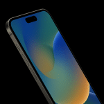 The iPhone 17, with its sleek, angular design and colorful abstract wallpaper illuminating the screen, is set against a stark black background. An iconic "Apple" logo subtly graces the bottom right corner.