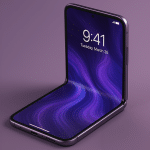 A conceptual image of the iPhone Fold, a foldable smartphone with a front-facing display, is partially folded to reveal the time as 9:41 and the date as Tuesday, March 26. The sleek device is set against a striking purple background for emphasis.