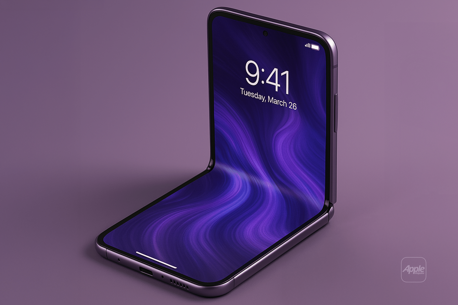 A conceptual image of the iPhone Fold, a foldable smartphone with a front-facing display, is partially folded to reveal the time as 9:41 and the date as Tuesday, March 26. The sleek device is set against a striking purple background for emphasis.