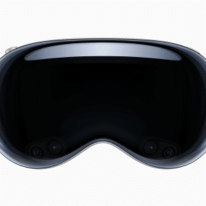A sleek, black, futuristic virtual reality headset with a smooth, curved design and reflective surface—perfect for exploring the latest Betas—viewed from the front against a white background.