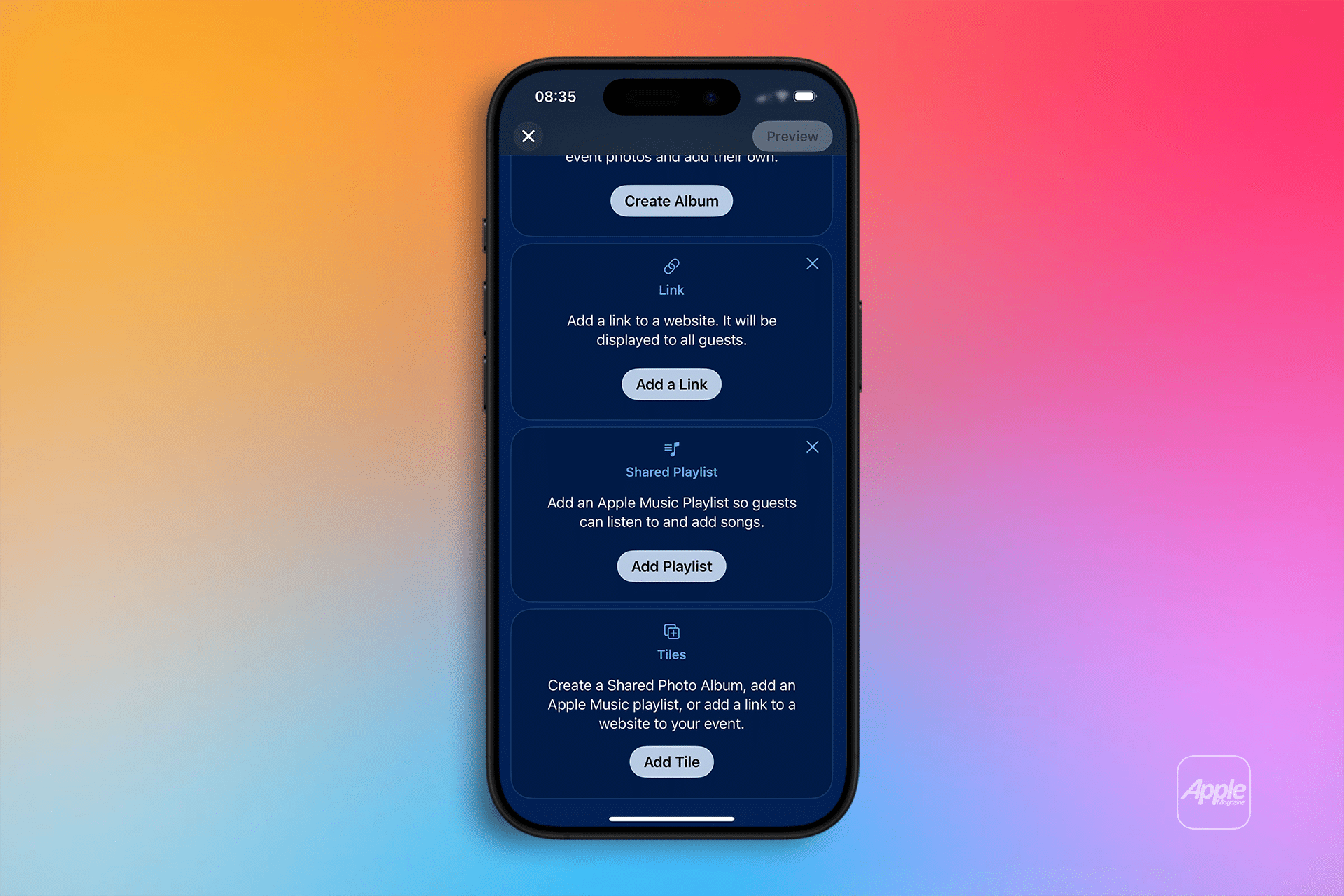 A smartphone screen displays options to add a link, shared playlist, or shared photo album in the Invites App. The background features a soft pink, blue, and orange gradient with an Apple logo in the corner.