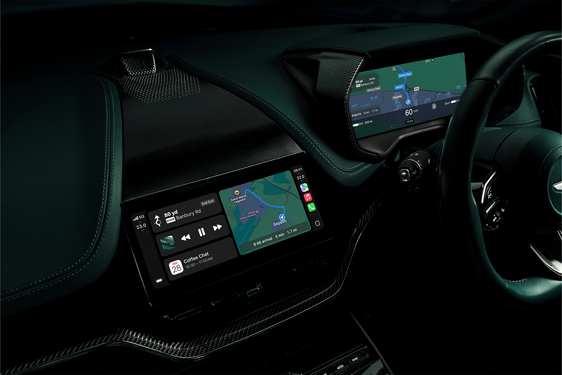 The interior of a car showing a digital dashboard with navigation maps and a center touchscreen displaying maps, music controls, and calendar events in a modern, dark-themed layout inspired by recent Apple feature announcements.